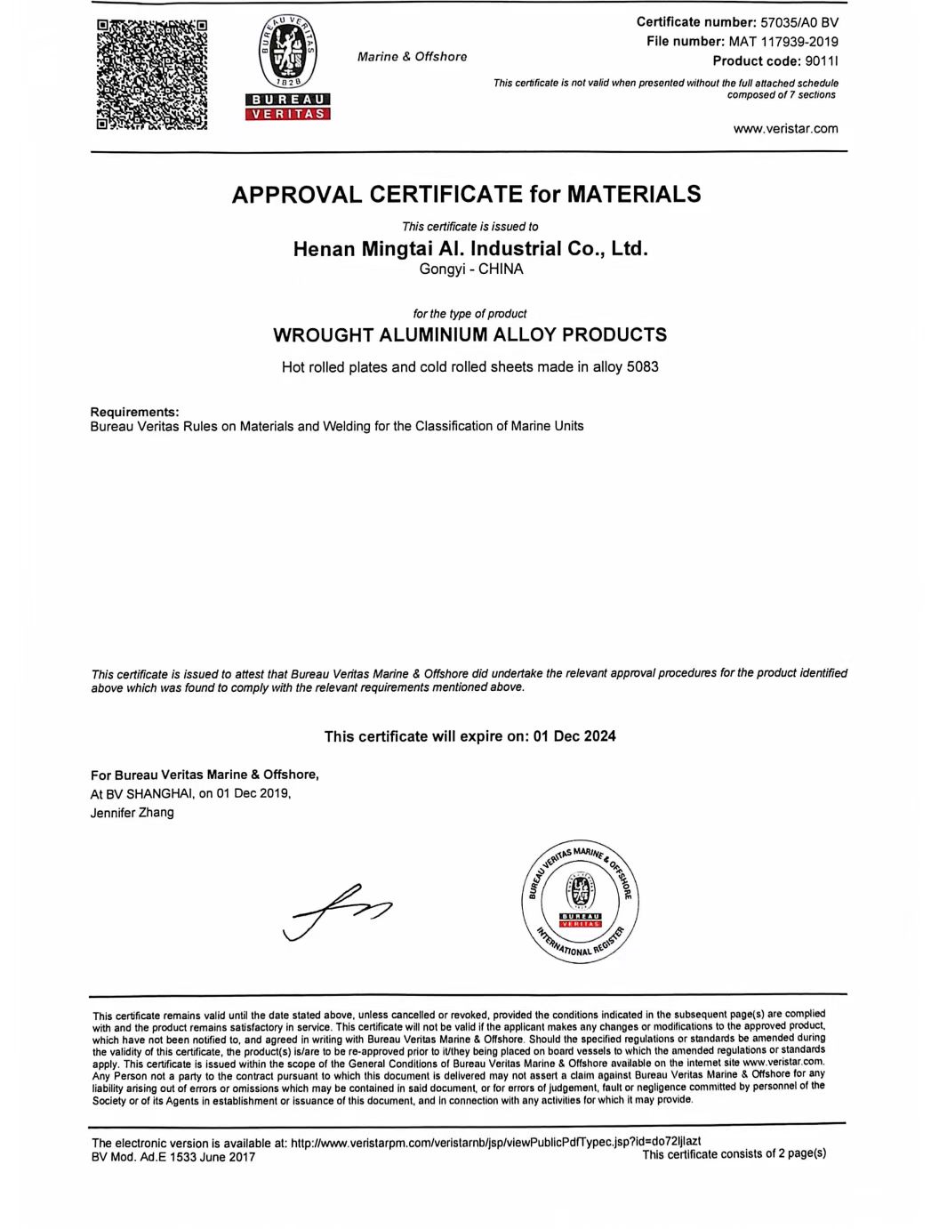 BV Certification Marine Aluminum Sheet 5083
